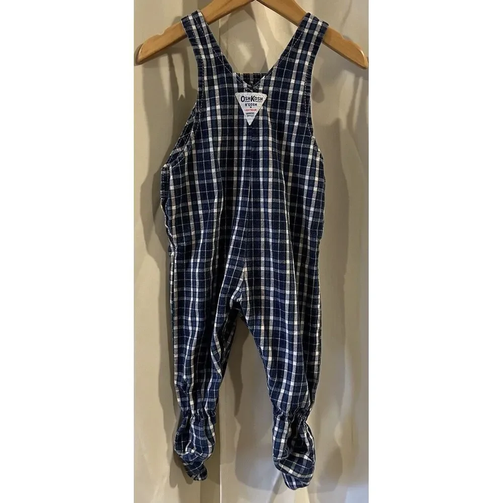 OshKosh Vintage‎ 6-9 Months Vestbak Baby Blue Plaid Footed Overalls Made in USA